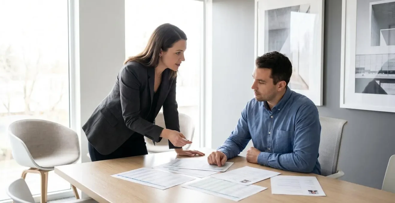 Consultant en recrutement analysant des profils candidats avec un client dans un bureau moderne, documents et spécifications de poste étalés sur le bureau