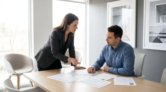 Consultant en recrutement analysant des profils candidats avec un client dans un bureau moderne, documents et spécifications de poste étalés sur le bureau