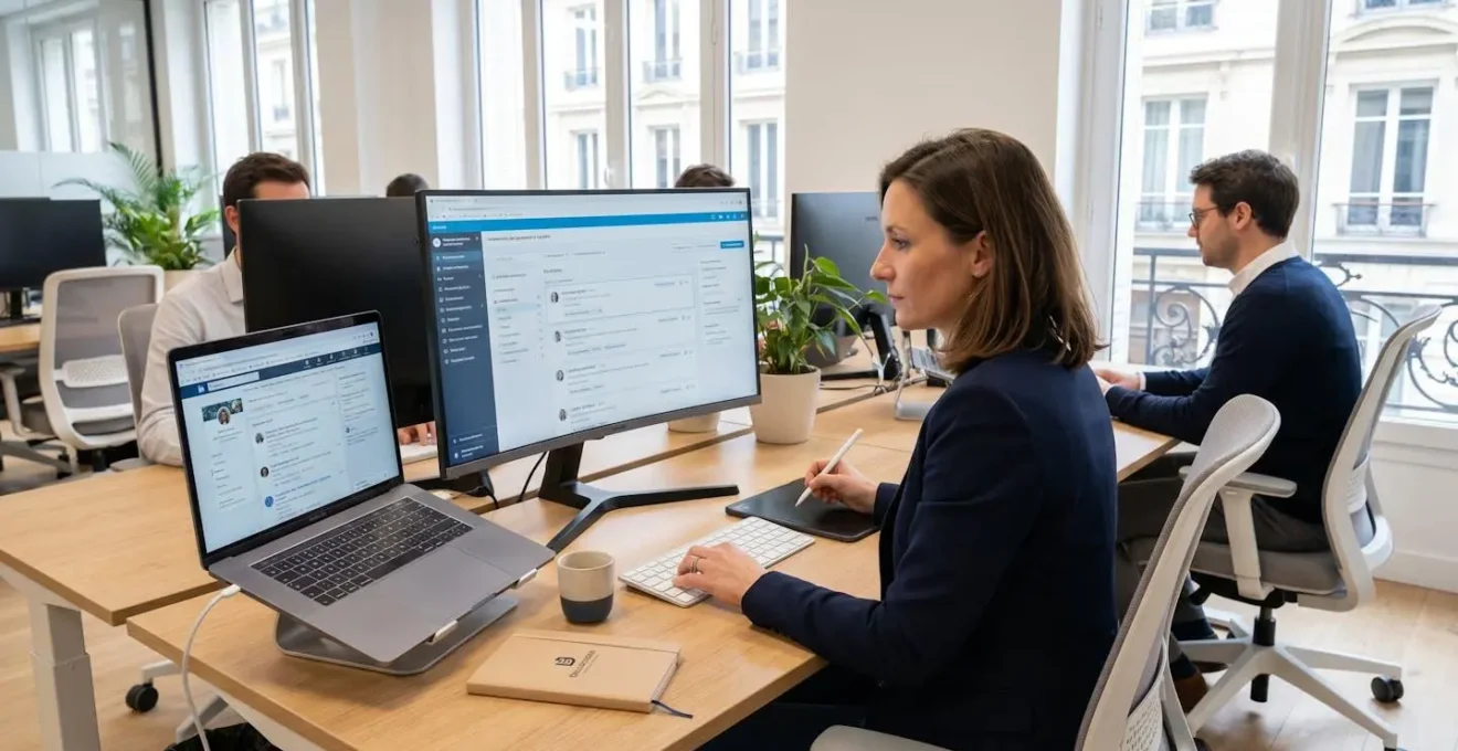 Consultant en recrutement utilisant plusieurs outils digitaux simultanément, écrans montrant des interfaces ATS et plateformes de sourcing