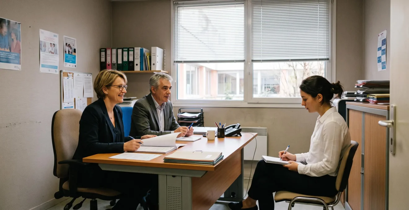 Un jury d'entretien évalue une candidate dans un bureau des ressources humaines hospitalier.