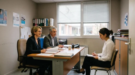 Un jury d'entretien évalue une candidate dans un bureau des ressources humaines hospitalier.